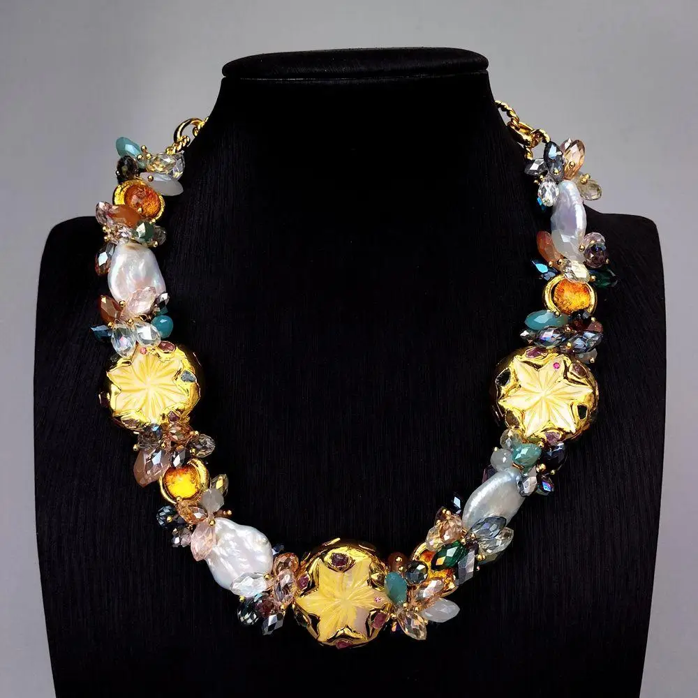 yygem  18x22mm Freshwater White Keshi Pearl 30mm Yellow Shell Flower Murano Glass Multi Color Crystal Statement Necklace - view 5