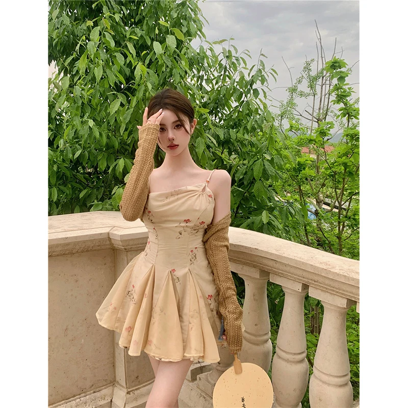 

Women Dress Apricot Short Skirt Summer 2024 New Chinese Style Fashion Suspender Dress Women Design Dress Ball Gown Short Skirt