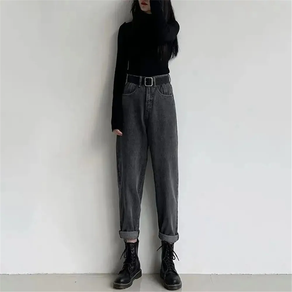 Pantalones vaqueros rectos de cintura alta para mujer, ropa gris, pantalones vaqueros Vintage de los años 90, Kpop Y2k, pantalones vaqueros informales holgados con bolsillos oblicuos