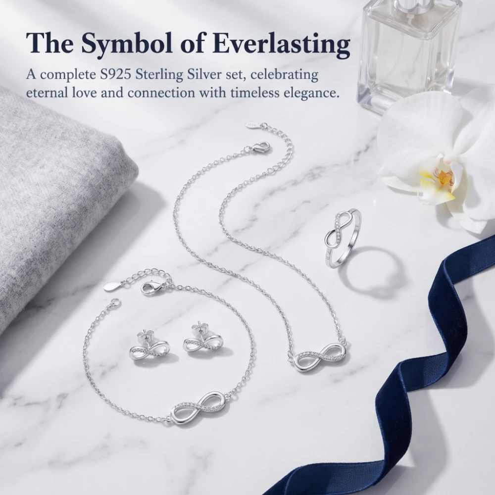 925 Sterling Silver Infinity Jewelry Set for Women, Sparkling CZ Mobius Loop Necklace Bracelet Earrings Ring, Romantic Gift 4Pcs