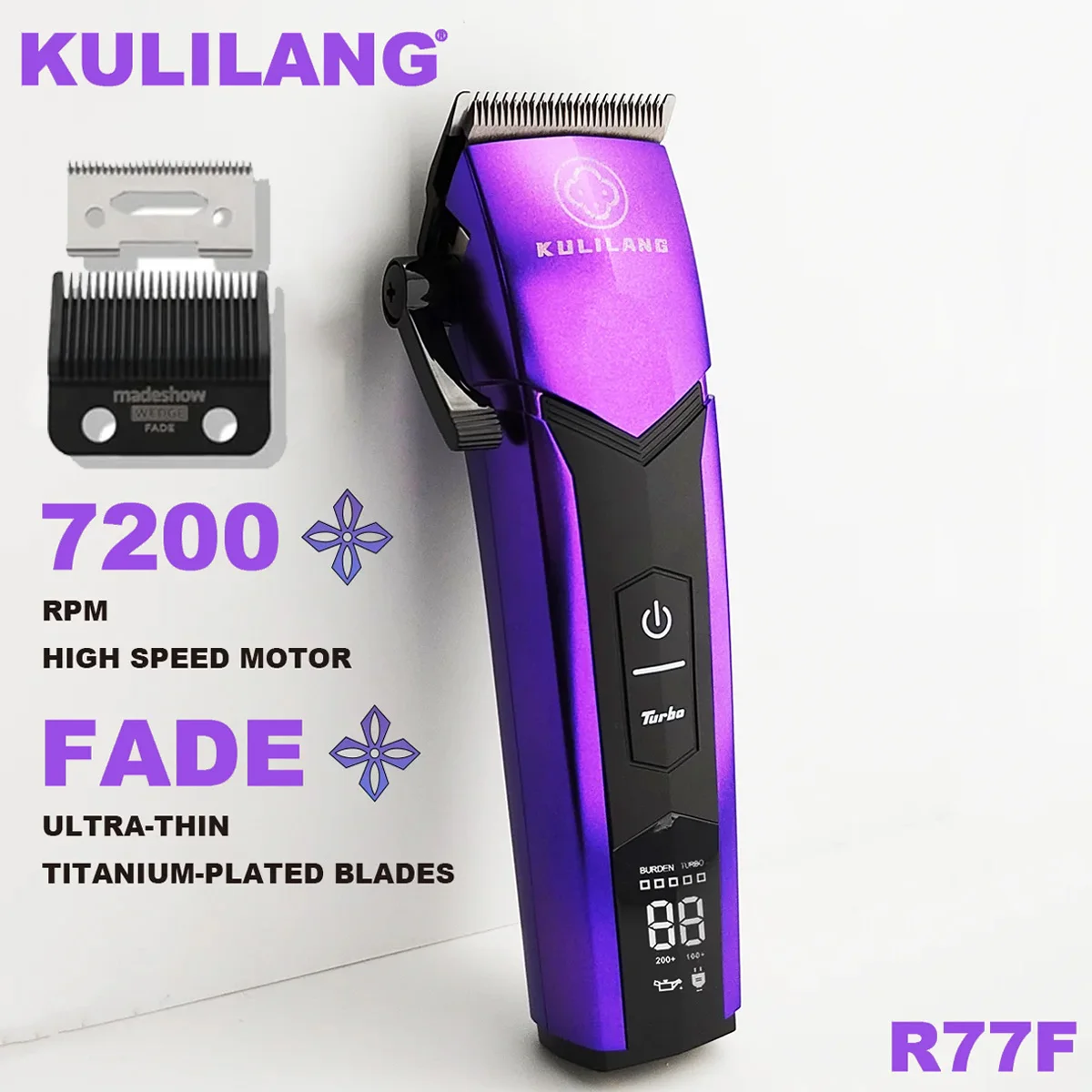 3pcs KULILANG R77F Purple Professional Head Gradient Electric Hair Clipper Titanium Plated FADE Blade 7200rpm Hair Salon Trimmer