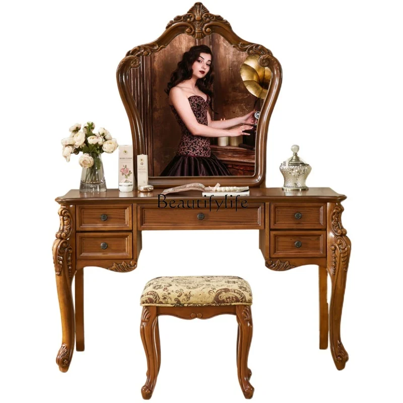 

American solid wood dresser bedroom retro luxury small apartment makeup table mirror integrated