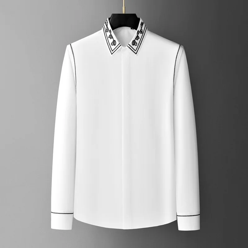 Luxury Collar Embroidered Shirt Men's Fashiona Long Sleeved Business Social Casual Shirts Celebrity Stage Performance Costumes