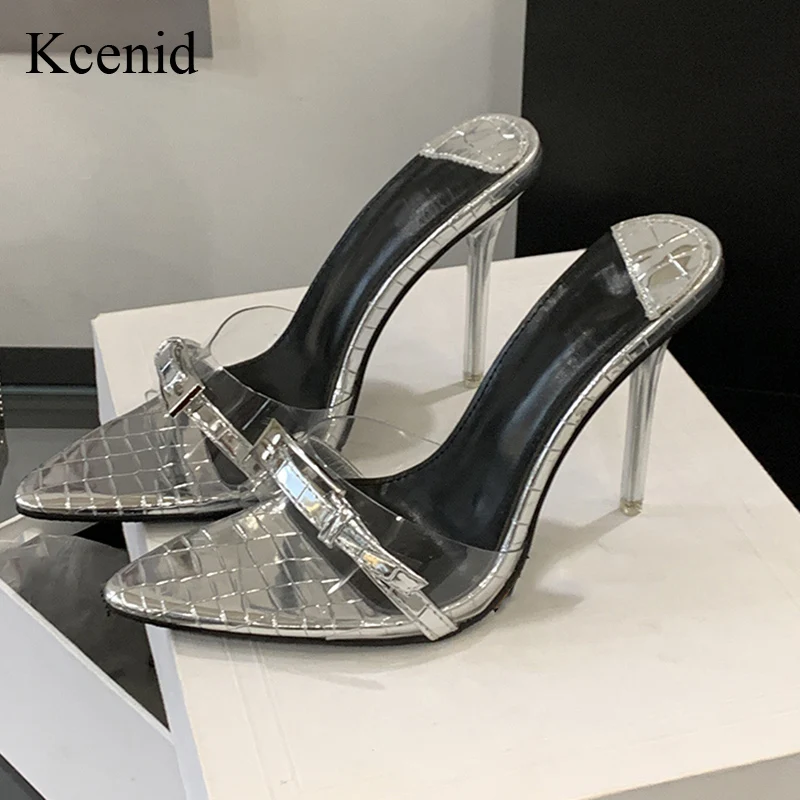 Kcenid أزياء النساء النعال البلاستيكية الشفافة أنيقة أشار تو مشبك كبير الفضة الأبيض عالية الكعب مأدبة أحذية الحفلات حجم 41