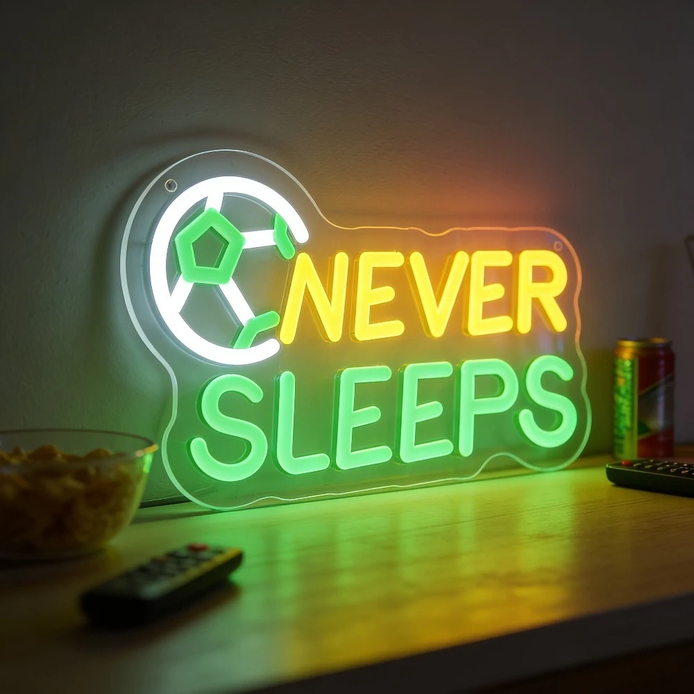 

NEVER SLEEPS Soccer Football LED Neon Sign for Man Cave Game Room Bar Wall Decor Fan Gift Night Game Passion Home Lighting