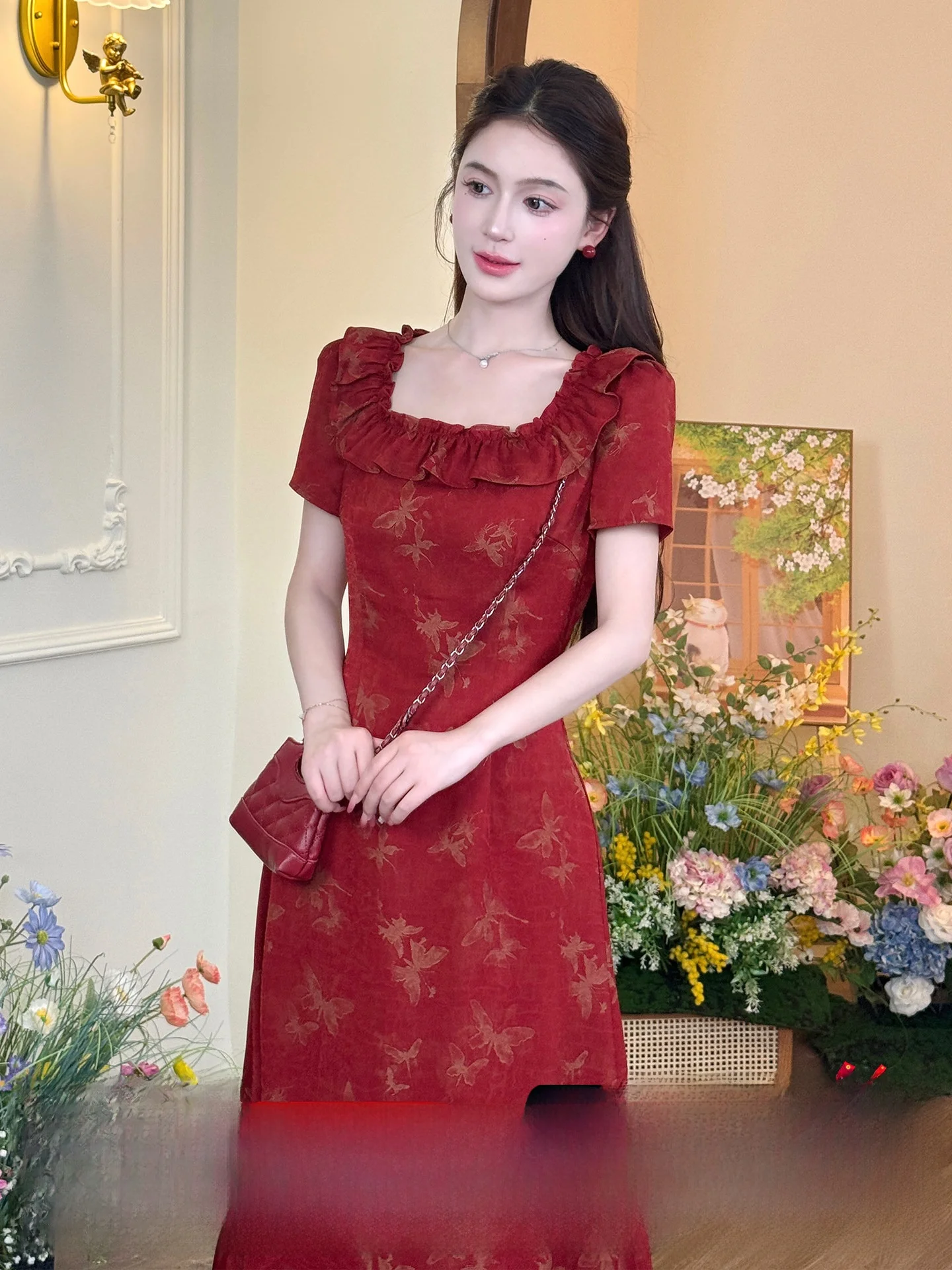 

LILI Retro Sle A-Line Dr High Waist Square Collar Waist-Cinching Summer Dr for Young Girls Soft Polyester Fabric