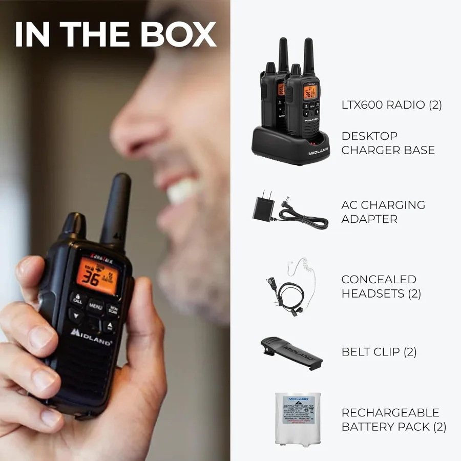 LXT600BB FRS Business Walkie Talkies - أجهزة راديو طويلة المدى 36 قناة ثنائية الاتجاه مع سماعات الرأس وقاعدة شحن تنبيهات الطقس AA 2
