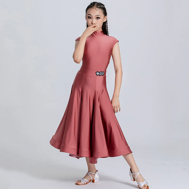 

Kids Girls Waltz Modern Dancewear Long Sleeve Bodysuit and Large Skirt Competition National Standard Dance Figure Skating Dress