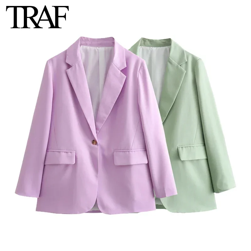 TRAF Women Fashion Commuter Long Sleeve Single Button Jacket Spring New Chic Female Flip Pocket Straight Blazers Suit Coat