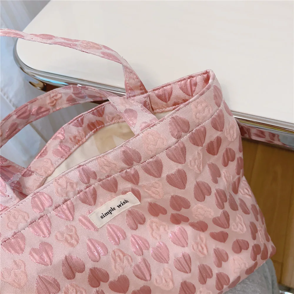 Thick Canvas Female Shoulder Bag Pink heart Vintage Jacquard Books Handbag Large Tote For Women Shopping