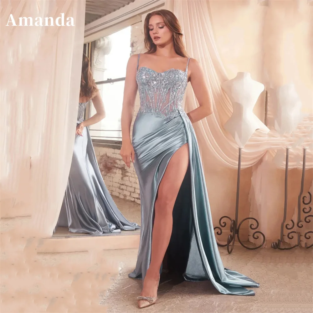 

Amanda 2024 Sexy Off Shoulder Mermaid Vestido De Novia Shiny Side Split Evening Dress Blue Spaghetti Strap Prom Dress 2024