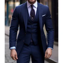 Granatowy 3-częściowy garnitur męski Slim Fit Notched Lapel Formal Best Men Wedding Groom Wear Blazer Tuxedos Trajes De Hombre