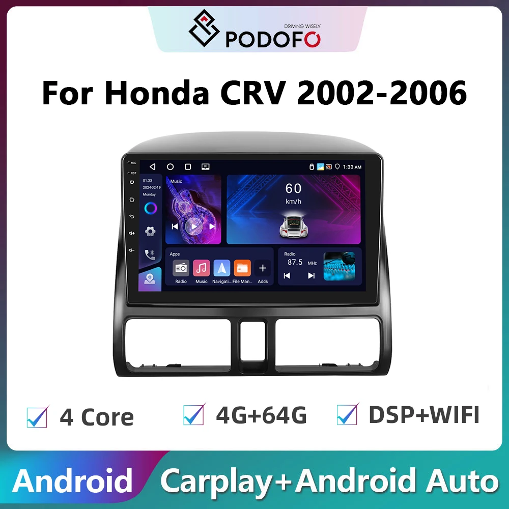 

Автомобильная Мультимедийная магнитола Podofo, 2Din, Android, видеоплеер для Honda CRV CR-V 2002-2006, GPS-навигация, Carplay, автомобильное стереоустройство