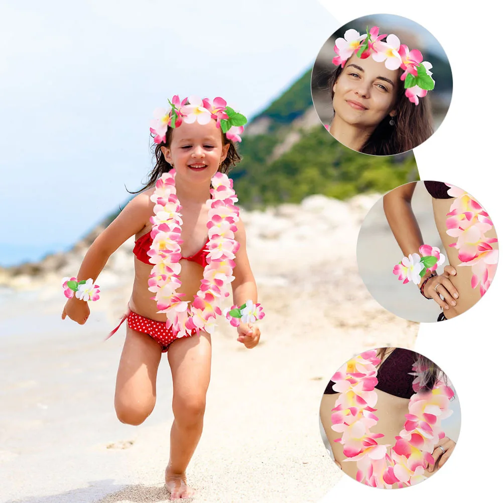 

1 set 1 Set Hawaii Kit Floral Wristbands Flower Necklaces Headband Party Supplies For Wedding Festival Beach Event Hawaiian