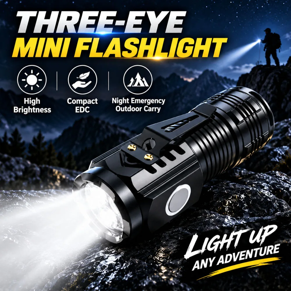 High Brightness Three-Eye Mini Flashlight Plastic Body Pocket LED Torch with Clip Design Portable Handheld Lamp for Outdoor