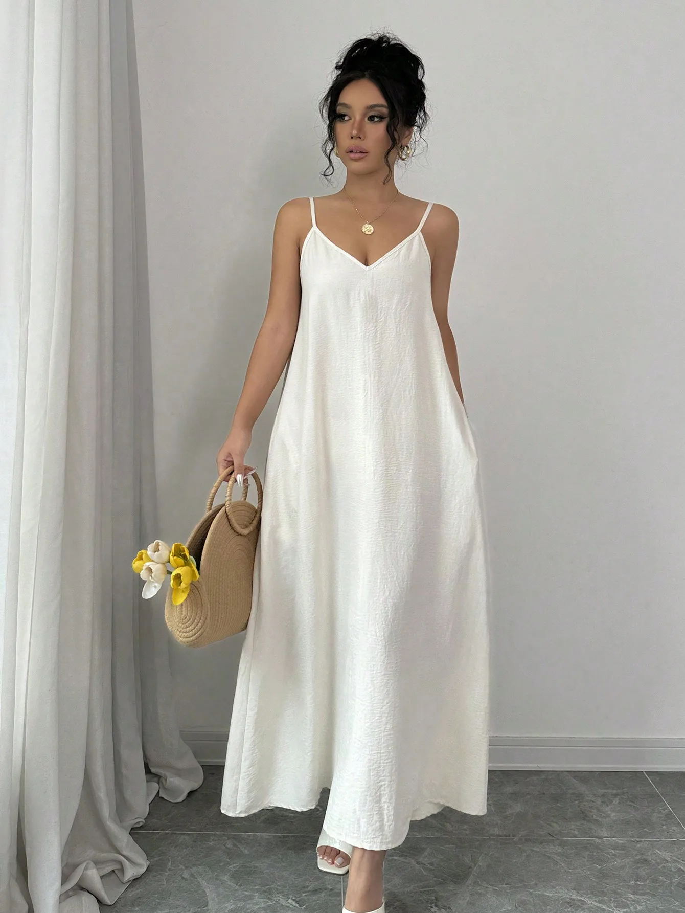 Adjustable Strap Loose White Maxi Cami Dress for Women