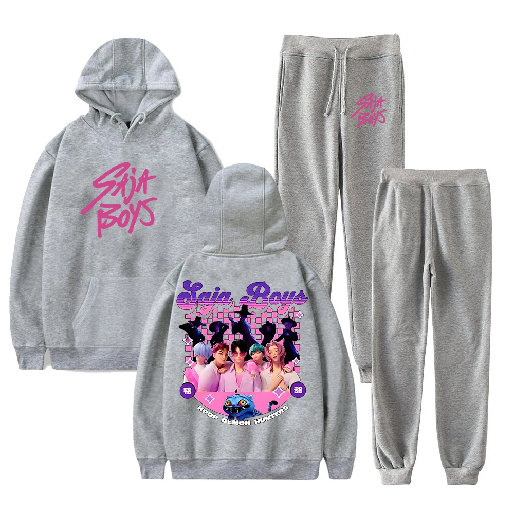 Dibujos animados KPop Demon Hunters Saja Boys Merch sudaderas con capucha Jogger pantalones conjunto de dos piezas sudaderas + pantalones de chándal hombres mujeres conjuntos de trajes
