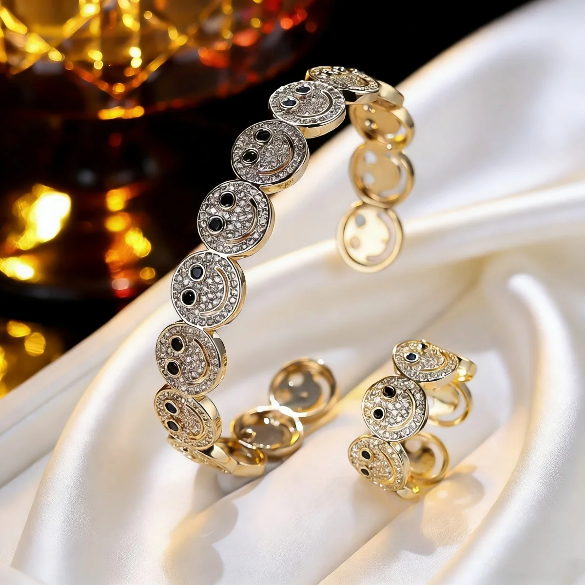 Trendy Gold /Silver Color Smiley Face Jewelry Set Paved CZ Open Cuff Bangle & Ring For Women Daily & Party Wear All Season