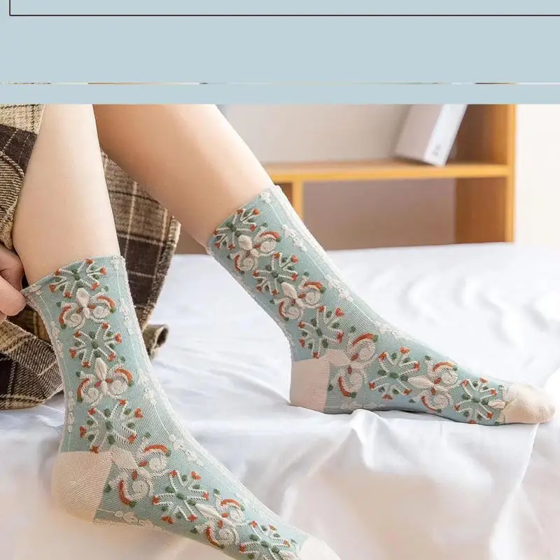 5 pares de calcetines Retro tridimensionales en relieve, calcetines de longitud media para mujer, delgados y lindos en verano, estilo bosque y artístico