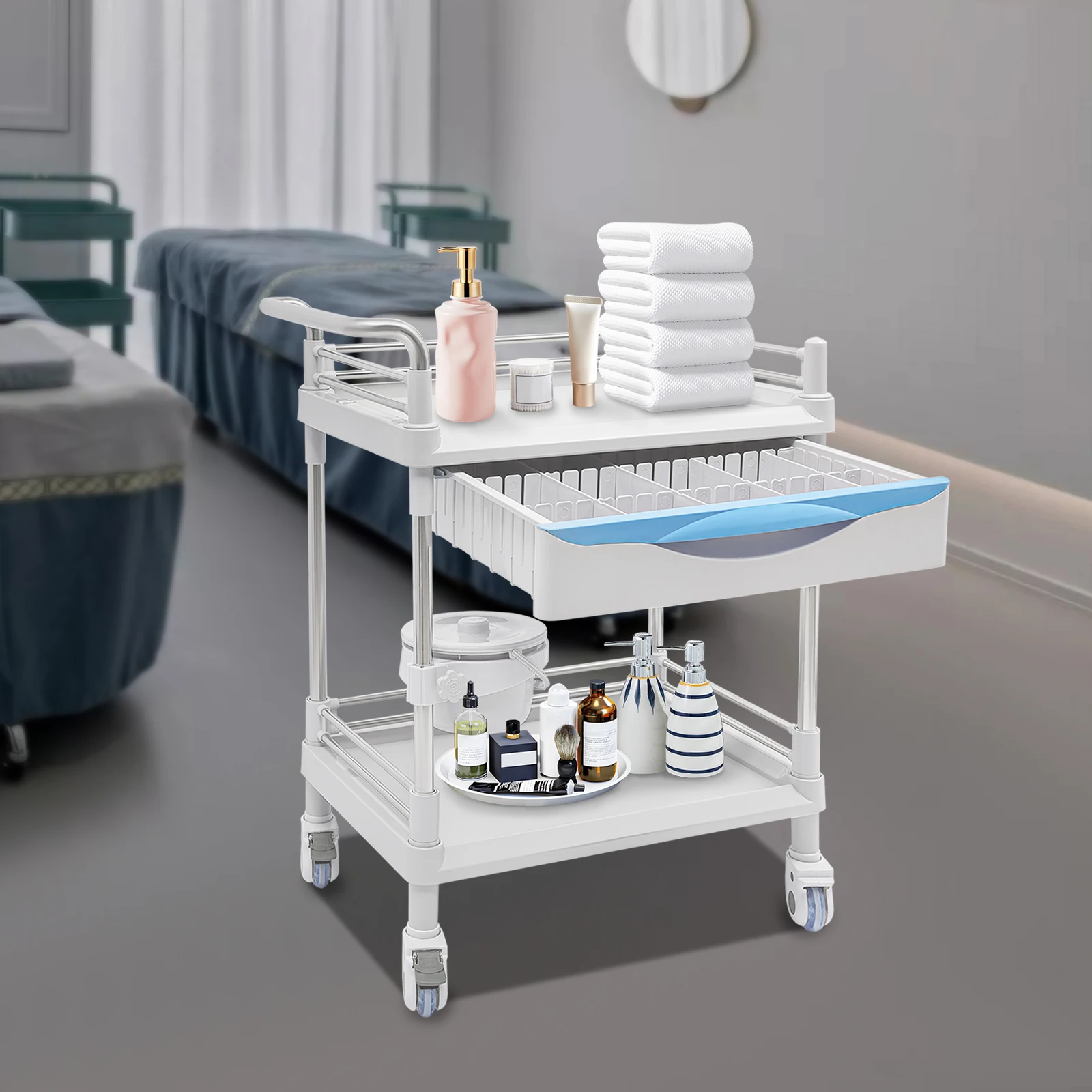 

Rolling Utility Cart,Qiwey Medical Utility Cart with Two DraweBeauty Salon Cart with Wheels, Commercial Hospital Office Lab Cart