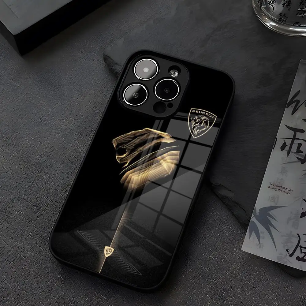 New P-Peugeots Logo Phone Case Tempered Glass For iPhone 14 13 12 15 11 Pro XS Max Plus Mini X XR 8 7 6s SE2020 Coque