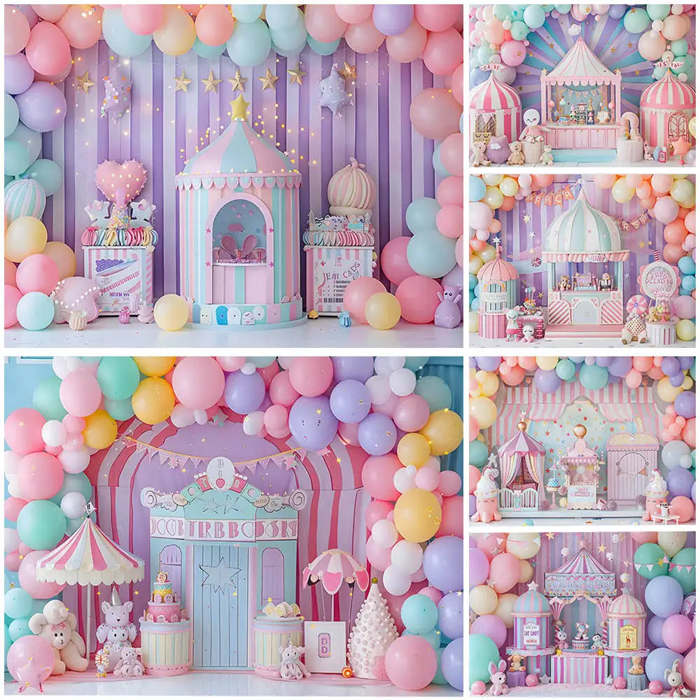 Mocsicka Dreamy Girl Birthday Photography Background Carousel Circus Tent Balloon Baby 1st Cake Smash Party Photo Backdrop Props