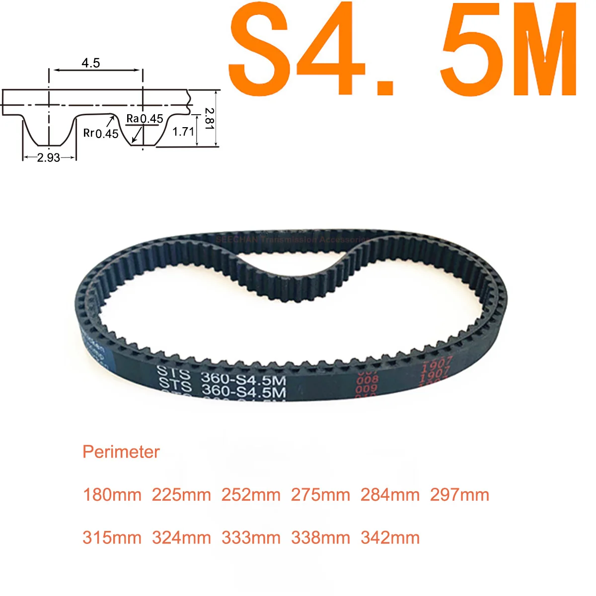 

S4.5M Closed-loop Rubber Timing Belt 180 225 252 275 284 297 315 324 333 338 342mm Width 10/15/20/25/30/40mm Teeth Pitch 4.5mm