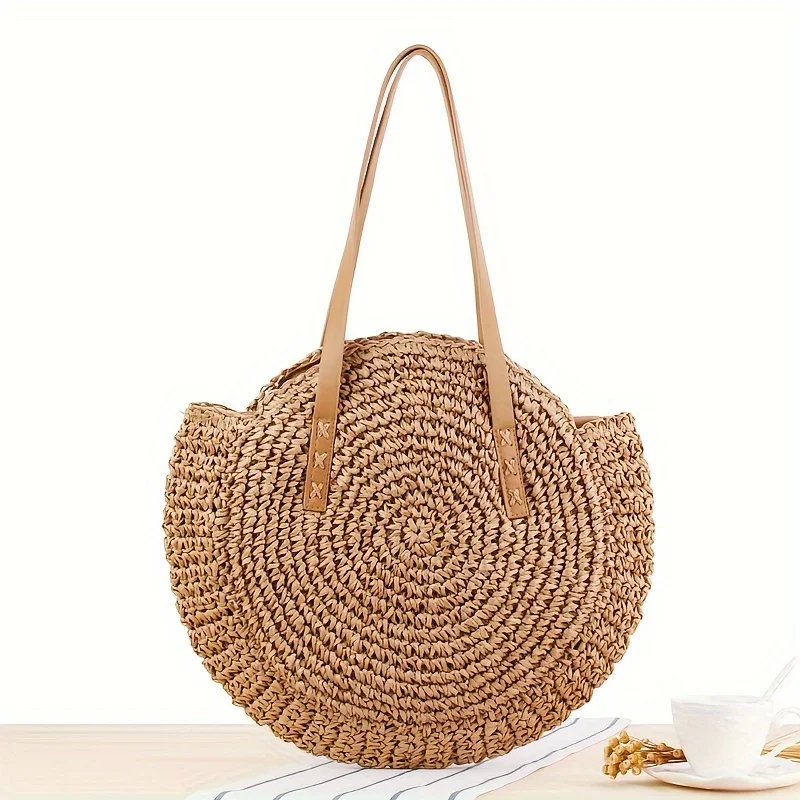 Seagloca Round Large Straw Handbags Women Handwoven Straw Bags Natural Chic Summer Beach Tote Bag Woven Handle Shoulder Bag