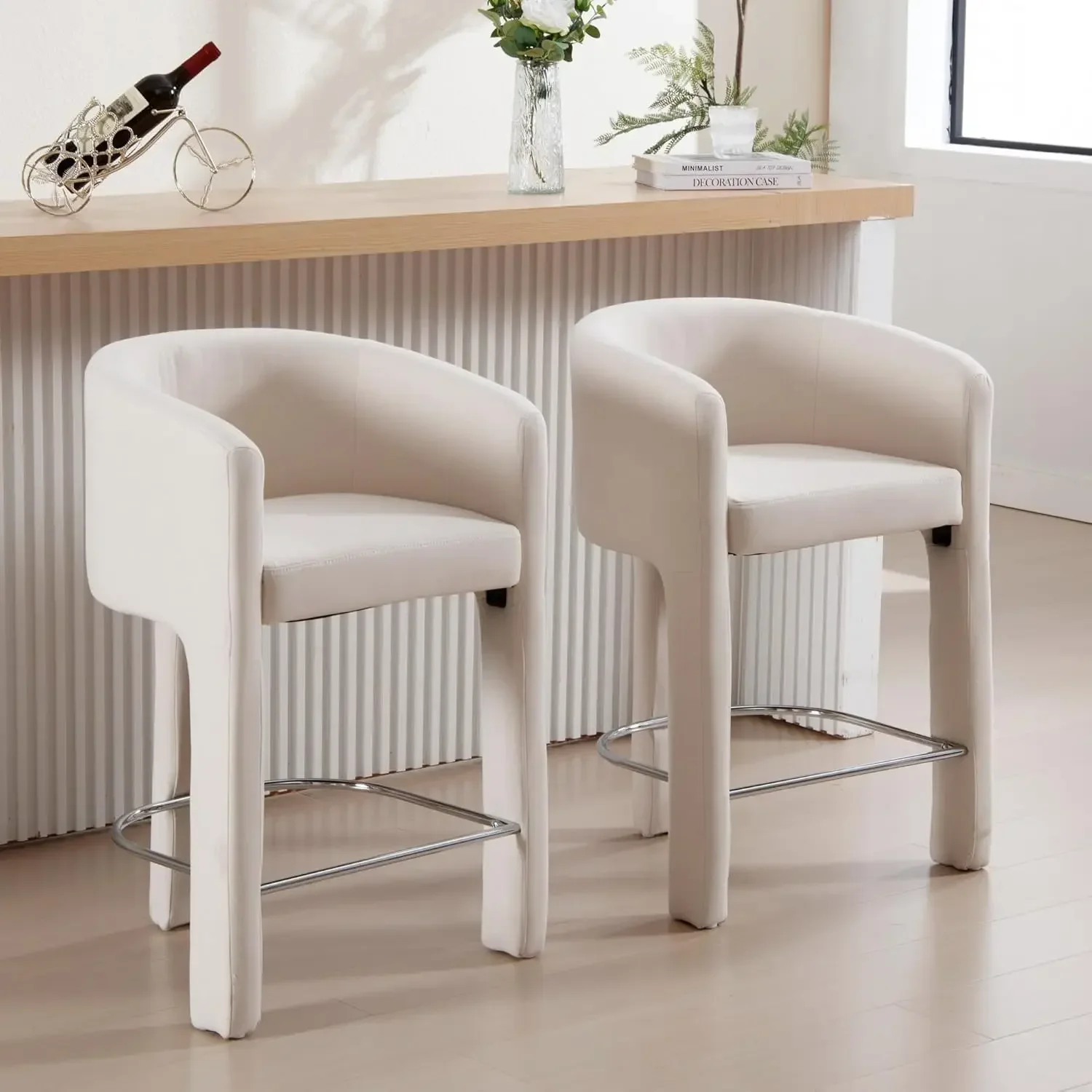 

Modern Upholstered Counter Height Bar Stools Set of 2, 26 Inch Linen Bar Stools with Open Back Comfortable Breakfast Bar Chairs