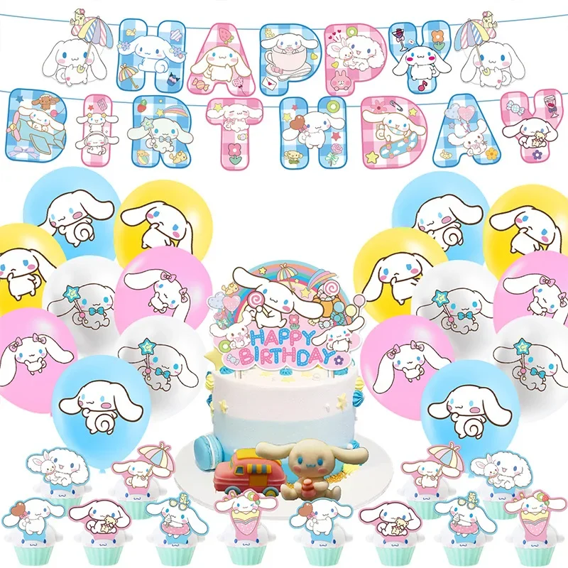 Sanrio Cinnamoroll Theme Party Supplies DIY Balloon Birthday Banner Latex Balloon Decoration Cake Supplies Invitation Cards