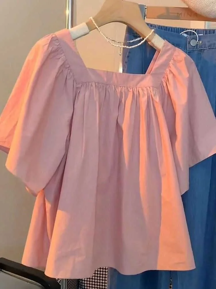 Chic Summer New Women's Fashionable Vivacious Cute Beautiful Top Korean Style Loose Polyester Short Sleeve Square Collar
