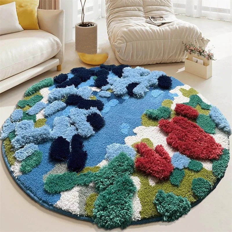 Moss Art Tufted Carpet Kids Room 100CM Ocean Round Rug Bedroom Home Sofa Coffee Table Floor Mat Soft Computer Chair Area Rug