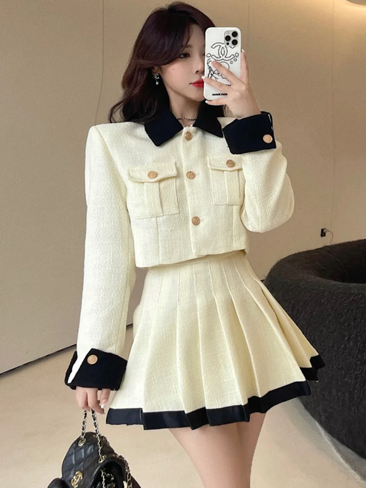 2024 fall High Quality ensemble femme 2 Piece Sets Women Outfits Fashion Short Jacket Coat + Pleated Skirt conjuntos de falda