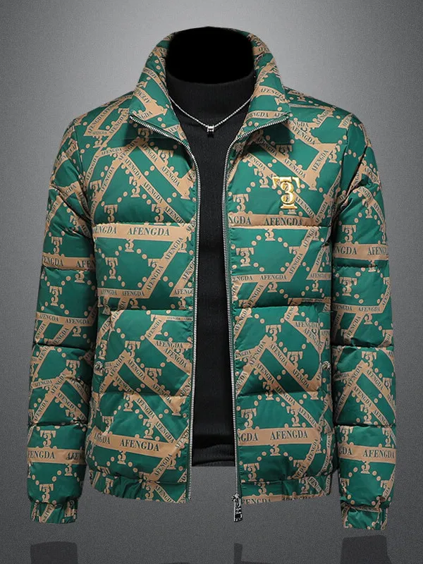 

Роскошная зимняя пуховая куртка с принтом, приталенного кроя, для мужчин, с воротником-стойкой, модная верхняя одежда из полиэфирного волокна, экологичная, повседневная.