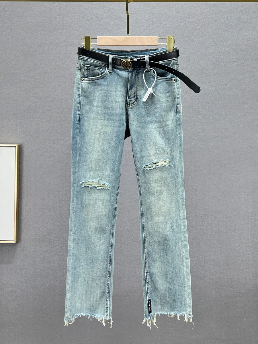 

High Waist Distred Denim Jeans Women's Spring Summer Elastic Versatile Slimming Straight Leg Nine Point Pants