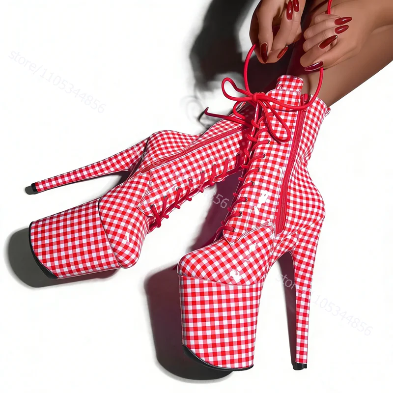 Bright Red White Checkered Striped Boot Patent Leather Pole Dance Women 8inches 20Cm Platform Lace Zip Girl Heel Short Calf Shoe