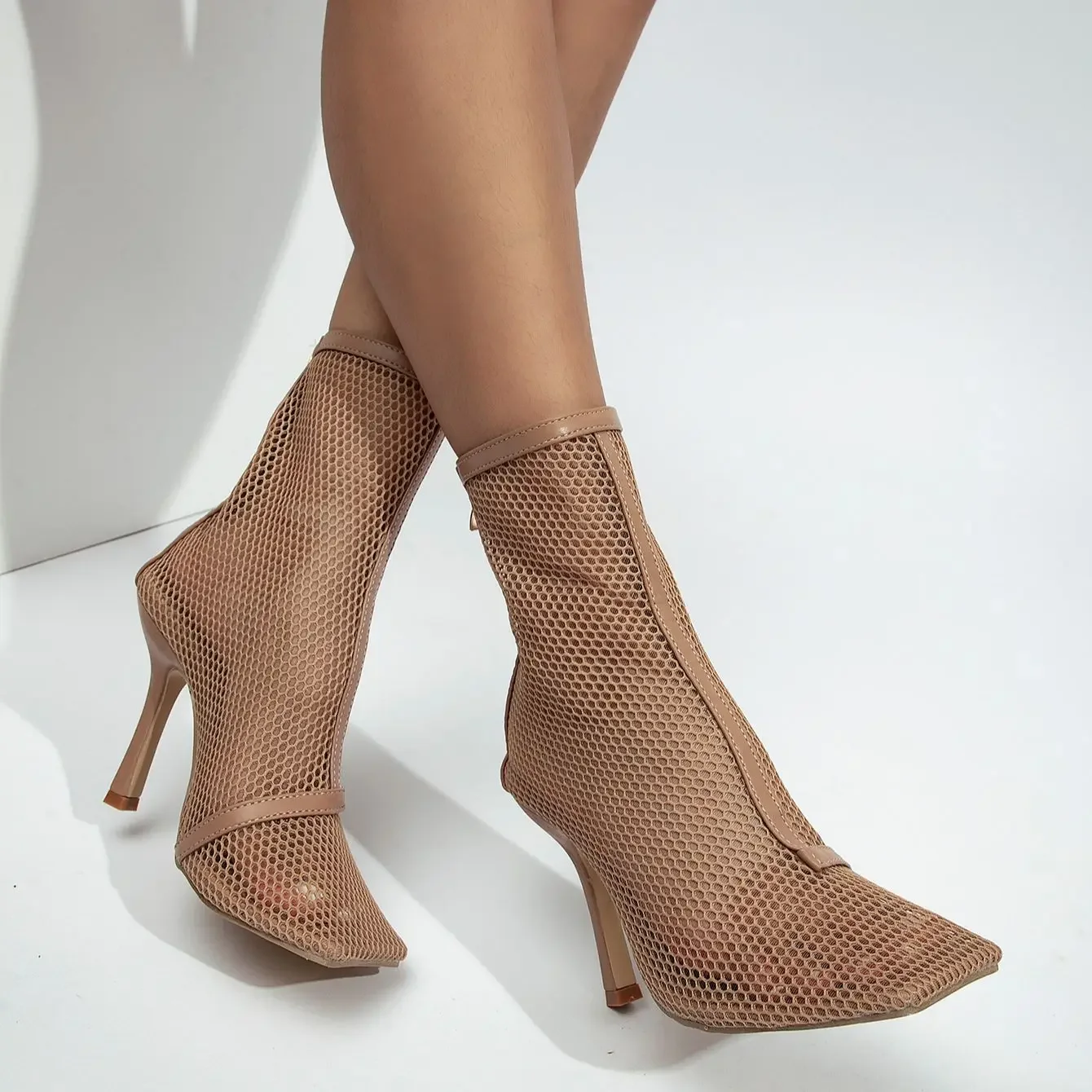 Xibeilove-Botines de malla con punta cuadrada para mujer, botas de tacón alto, transpirables, con cremallera, color verde, para fiesta, 2023