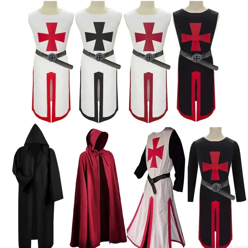 

Medieval Warriors Templar Knights Crusader Costume Mens Renaissance Halloween Surcoat Warrior Black Plague Cloak Cosplay Top