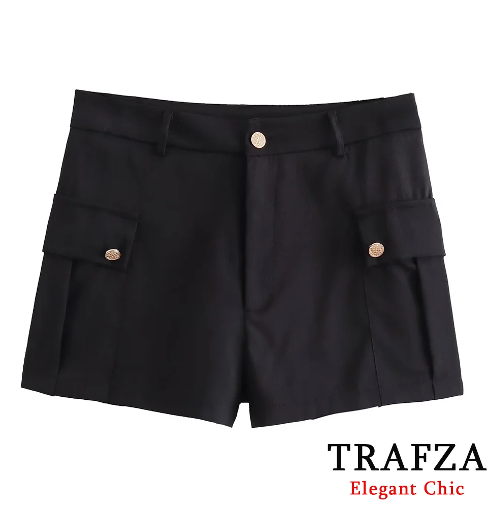 

TRAFZA Casual Basic Hot-Sexy Mini Shorts New 2024 Summer Fasion Holiday Shorts Pocket Metal Button Slim Shorts