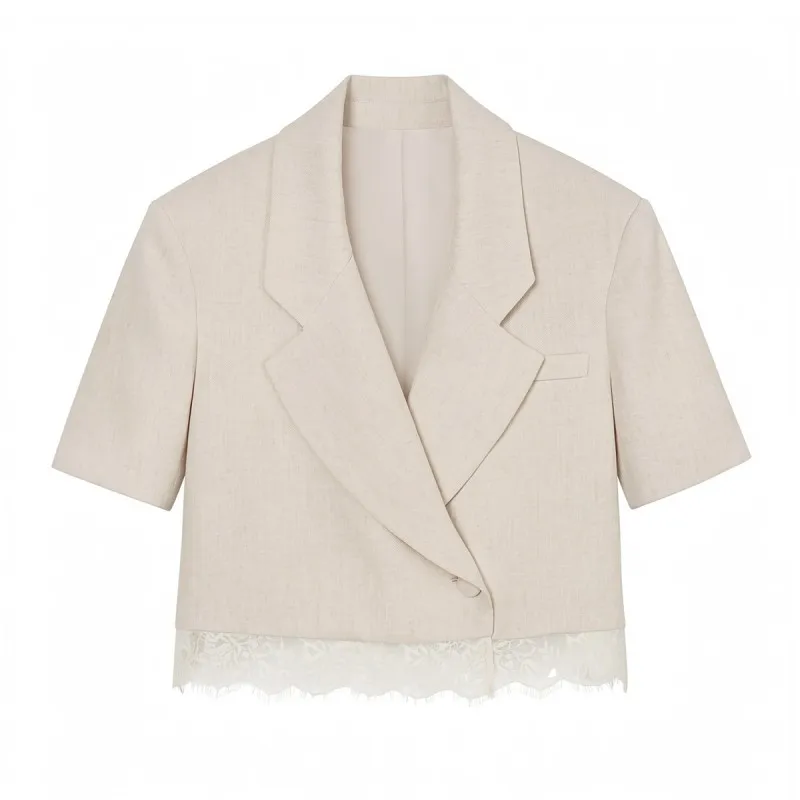 Women's Short Blazer - French Lace Trim Notched Collar Cropped Jacket, 2026 Commuter Chic