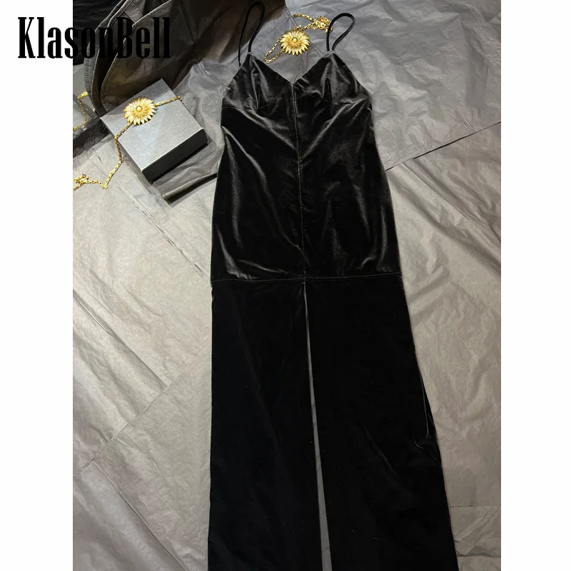 

9.30 KlasonBell-Women Velvet V-Neck Black Long Dress Temperament Sexy Backless Spaghetti Strap Slim Split Party Evening Dress