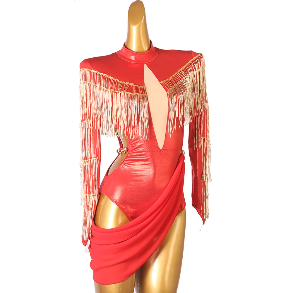 Party Dresses Red Practice Wear Latin Dance Woman Dress Long Sleeves Imitation Leather Tube Beads Samba Tassels Ladies Clothes