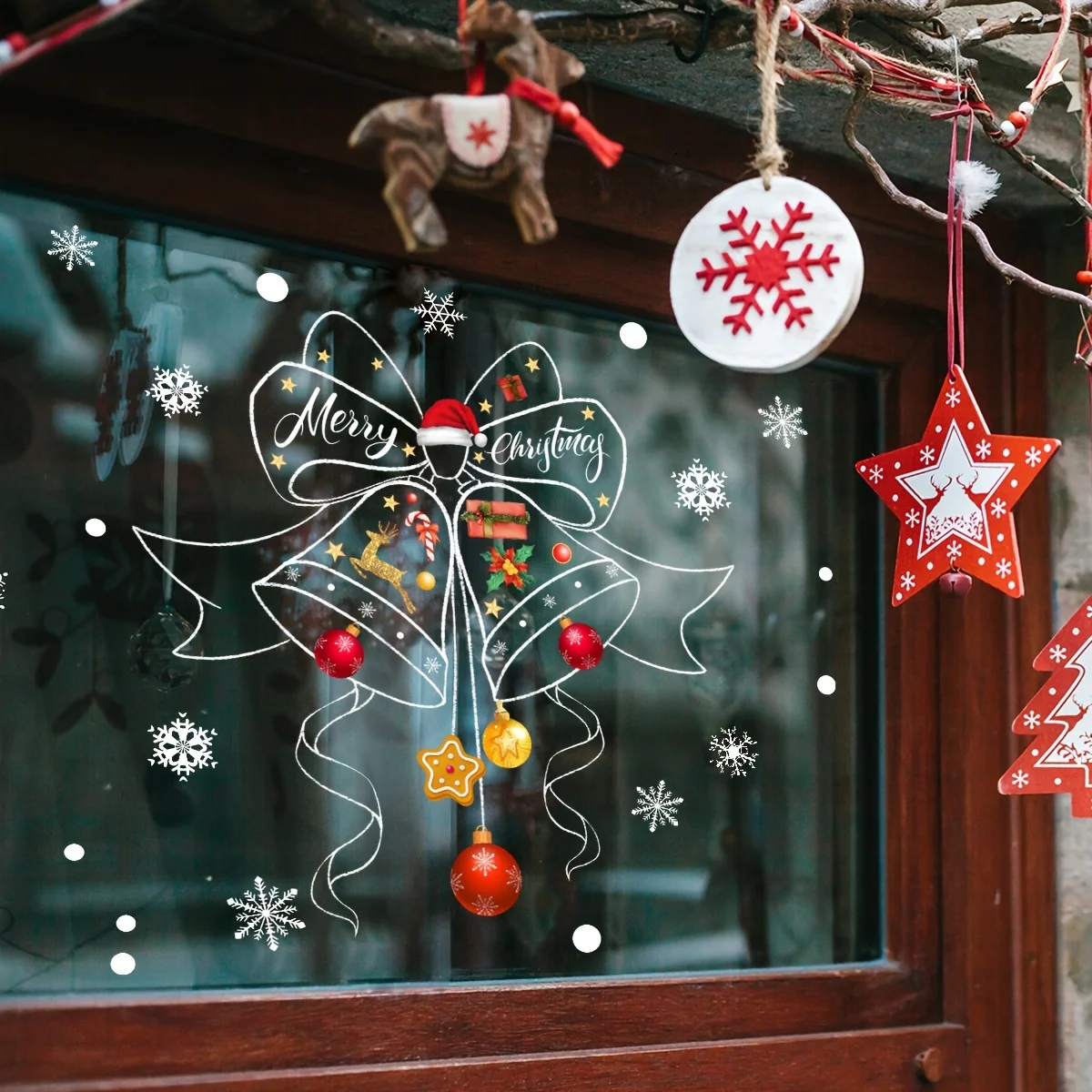 Christmas Hat, Bells, Reindeer,and Stars Static Cling Window Decals—Double-Sided,See-Through,20-micron Glass Decorative Stickers