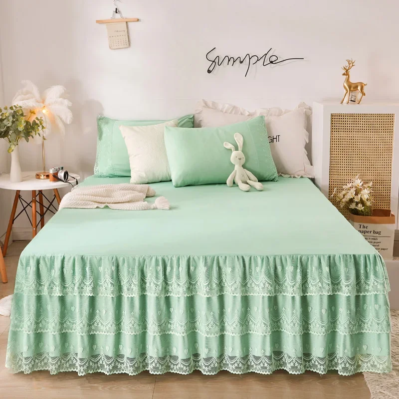 Lace Bed Skirt Solid Color Bedspread Sheet Microfiber 3PCS Green Bed Sheet Set 1pc Wrap Around Bedskirt with 2pcs Pillowcases