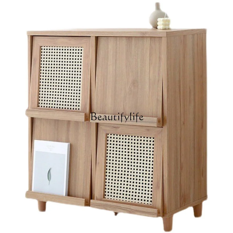 Japanese-style solid wood magazine cabinet, living room sofa side display floor entrance rattan locker