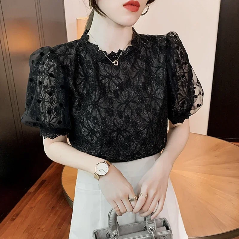 

Women White Lace Blouses Summer 2023 Fashion Hollow Out Black Blusas Mujer Casual Korean Style Elegant Puff Sleeve Tops Vintage