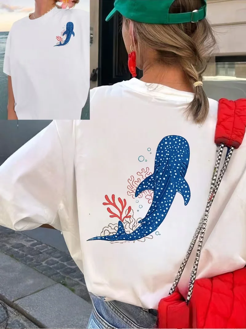 Whale Shark Coral Graphic T-Shirt, Ocean Marine Life Print Crew Neck Short Sleeve Top ,Summer Daily Fashion Tee Commute Travel