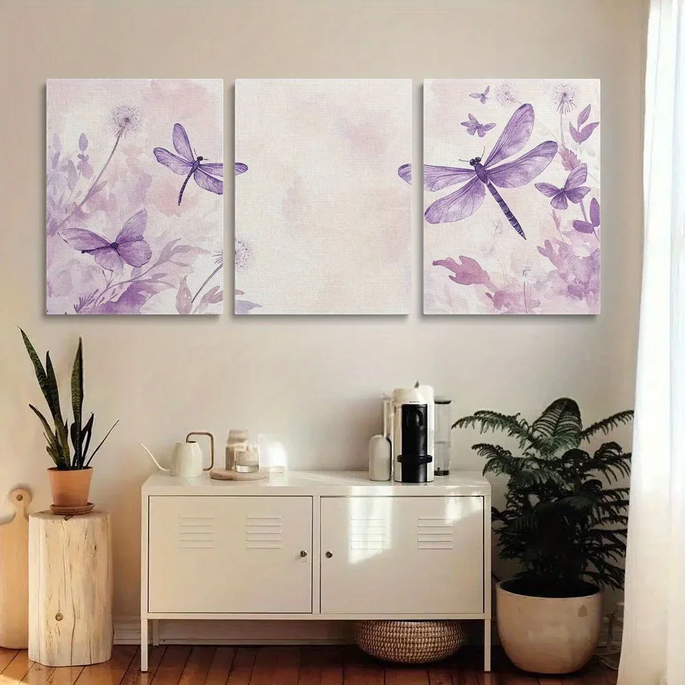 Posters & Prints  3pcs Framed Canvas Painting of Purple Dragonflies and Dandelions, Wall Art, High-Quality Framed or Unframed