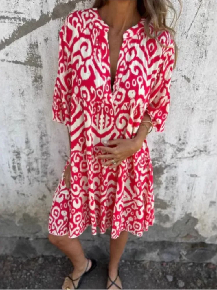 Boho Vacanza Camicia Abiti per le donne Sexy scollo a V Manica svasata Volant Stampa Abito Femme Primavera Casual Beach Abito ampio