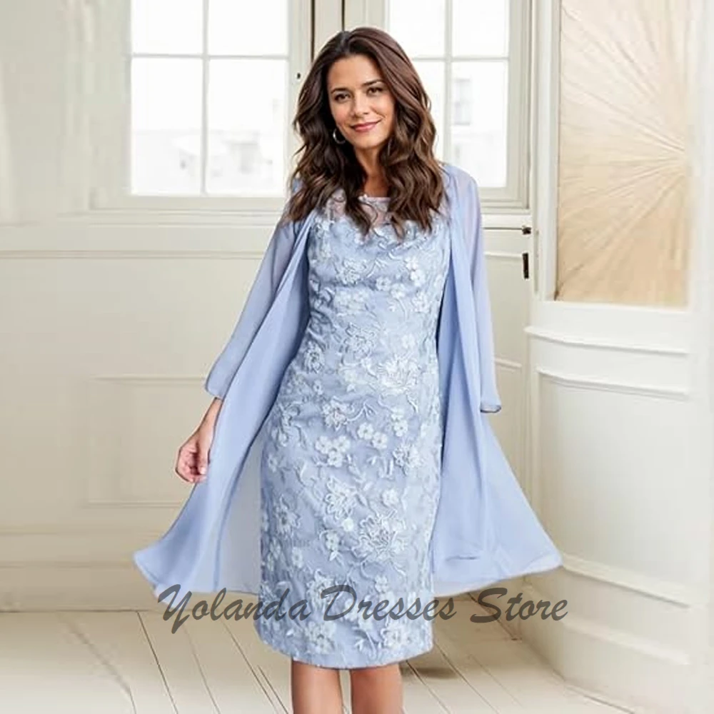 

Customized 2 Pieces Mother of The Bride Dresses Applique Lace Formal Evening Gown Scoop Neck Wedding Guest Dress Knee Length